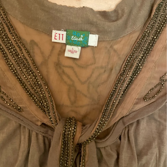 ANTHROPOLOGIE ETT TWA sparkling Bellini Tan Beaded Top Tie Front Sz L Women AC8 - Picture 3 of 4